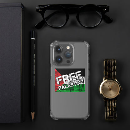 Clear iPhone case with Free Palestine graphic, side button openings