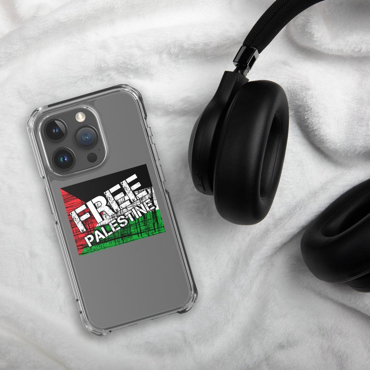 Clear iPhone case with Free Palestine graphic and camera lens covers