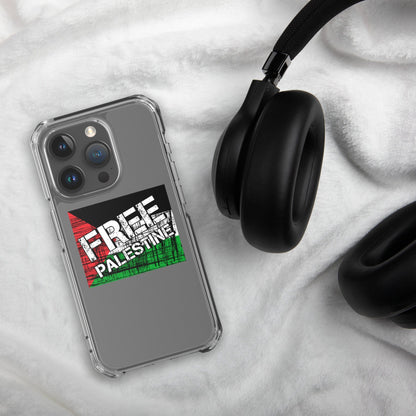 Clear iPhone case with Free Palestine graphic and camera lens covers