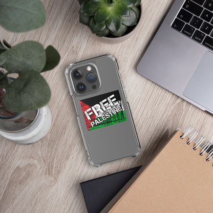 Clear iPhone case with Free Palestine graphic, protective clear corners
