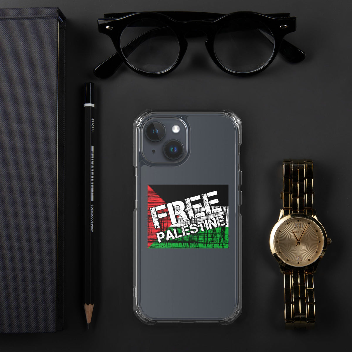 Clear iPhone case with Free Palestine graphic on dark backing