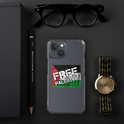 Clear iPhone case with Free Palestine graphic on dark backing