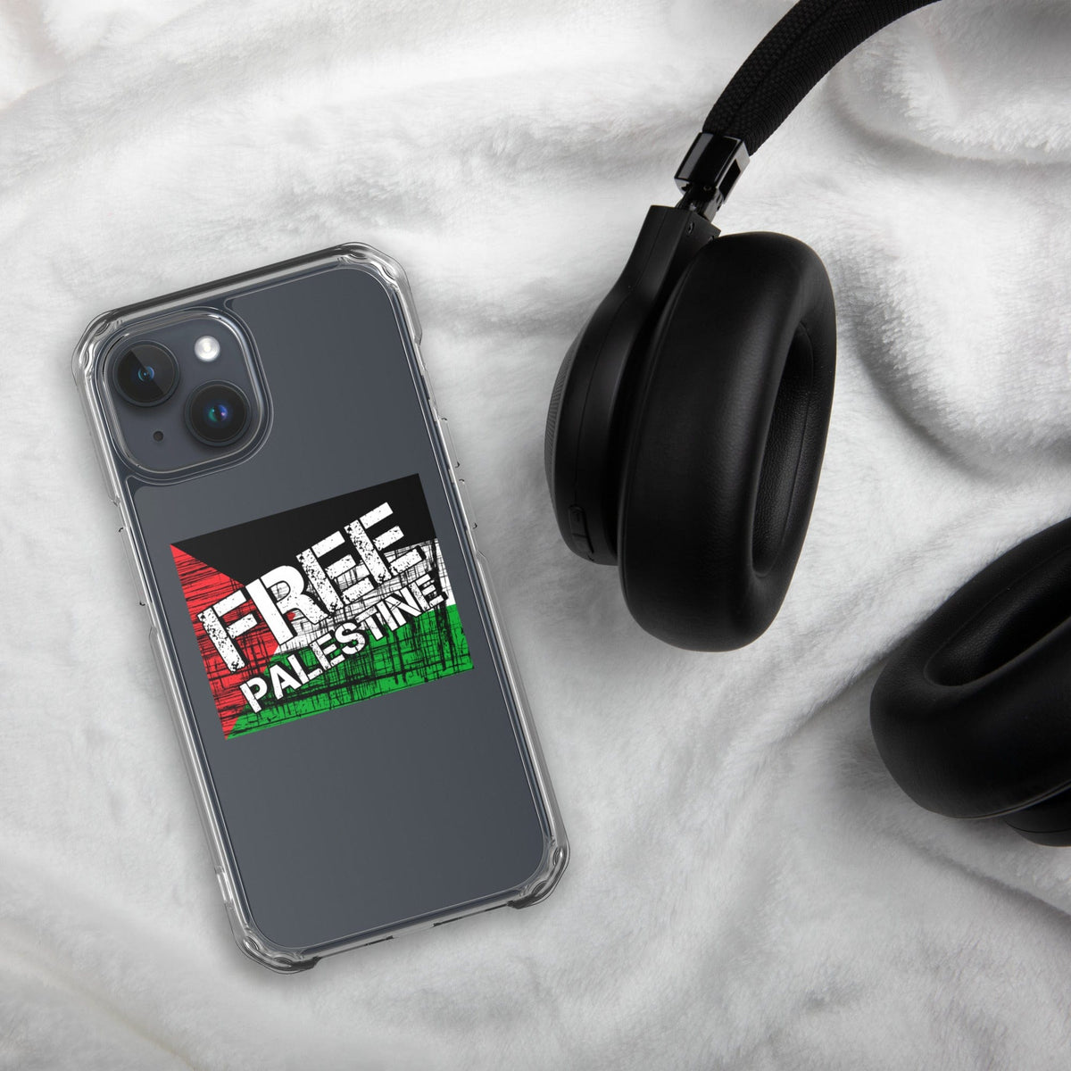 Transparent iPhone® case with graphic back design, showing dark phone through