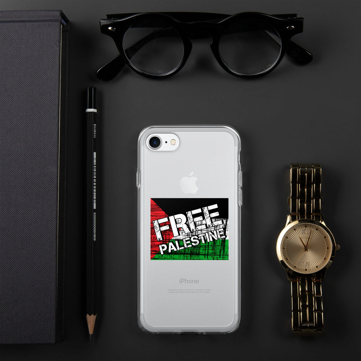 Transparent iPhone® case with graphic back design, showing white phone through