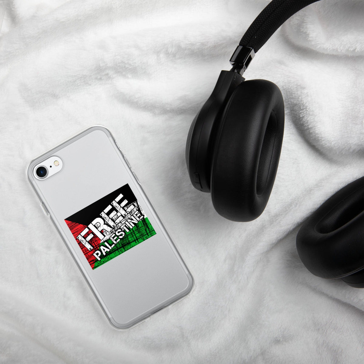 Transparent iPhone® case with graphic back design, showing white phone through