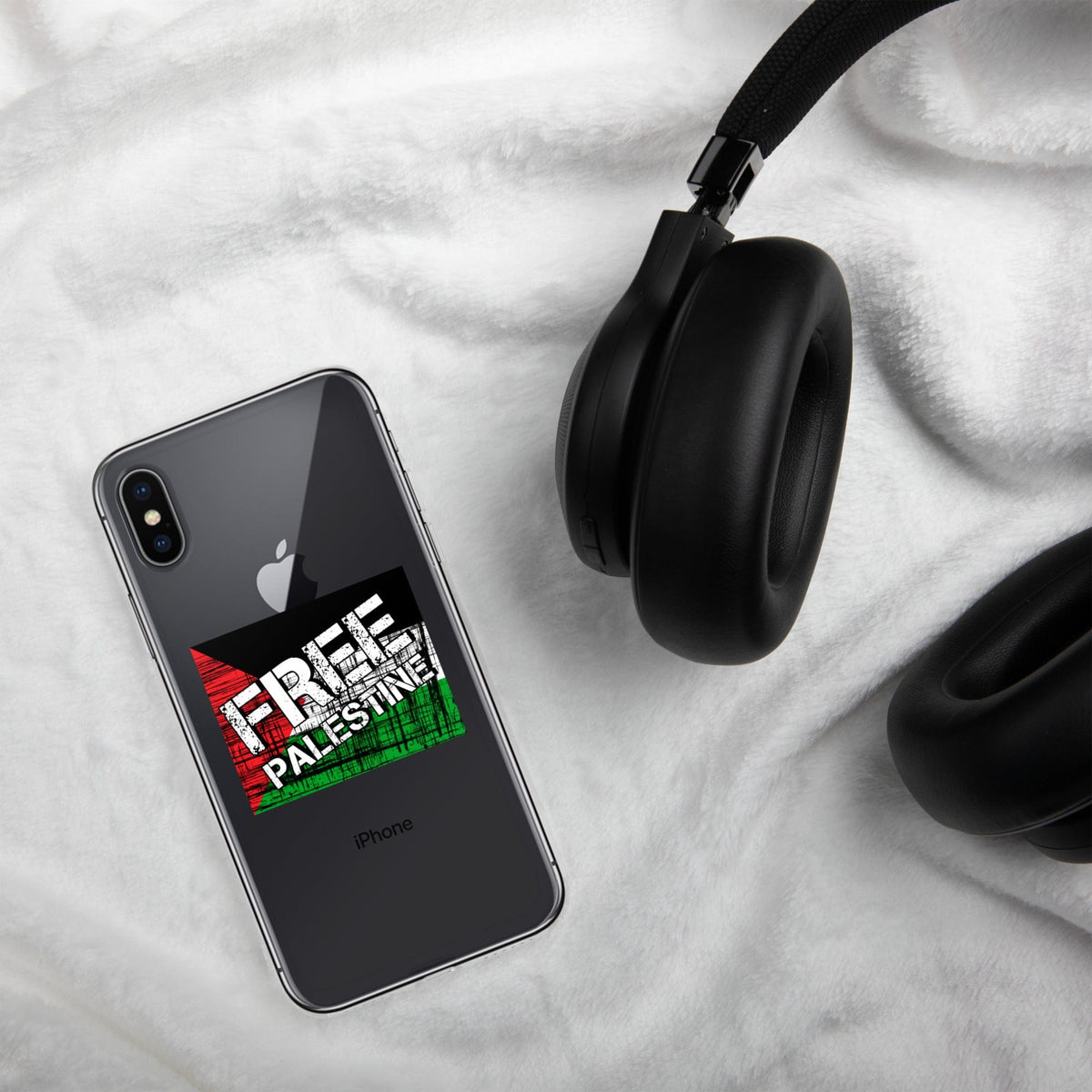 Clear iPhone case with a “FREE PALESTINE” graphic on a dark phone back