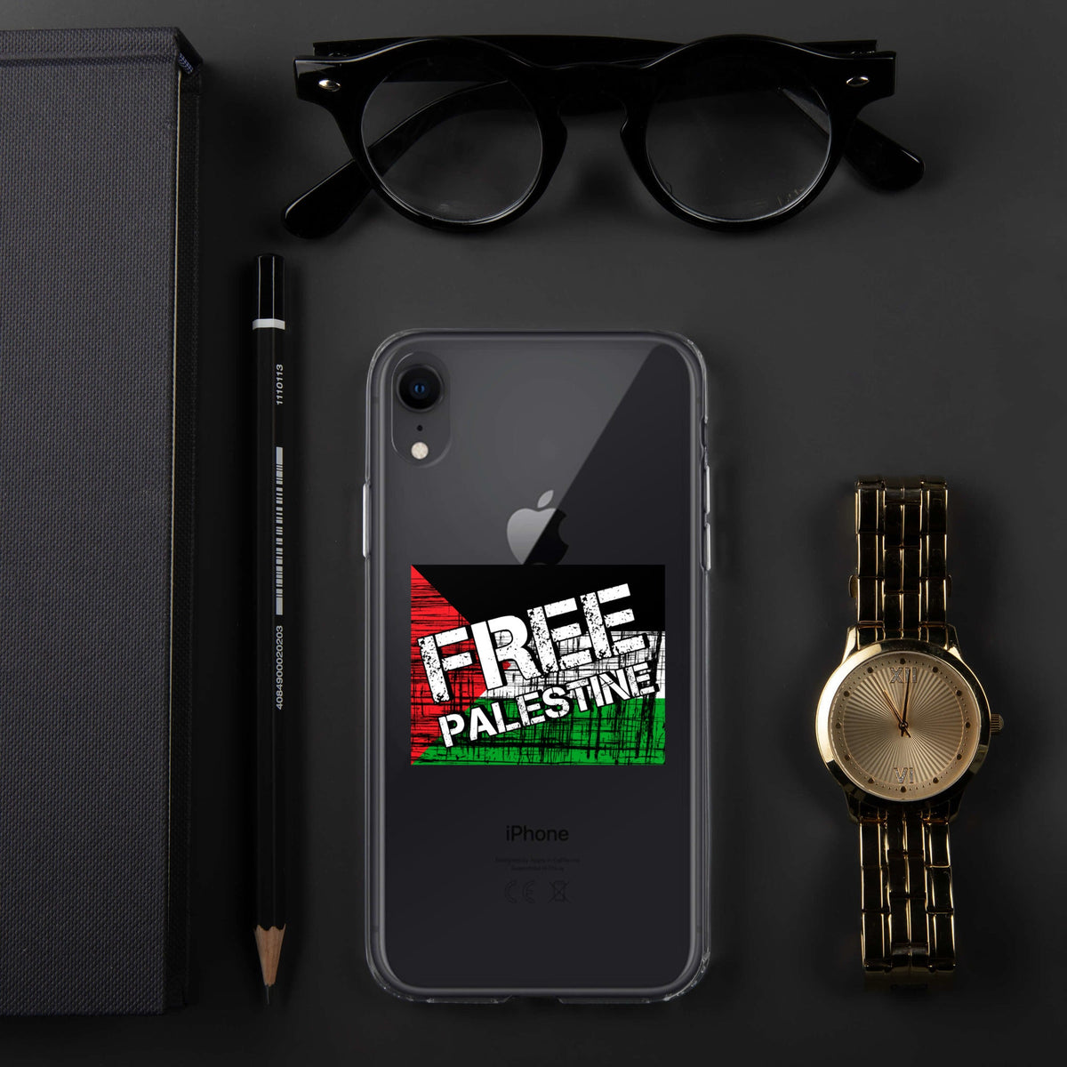 Transparent iPhone case with “FREE PALESTINE” graphic centered on back