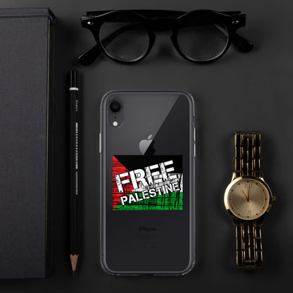 Transparent iPhone case with “FREE PALESTINE” graphic centered on back