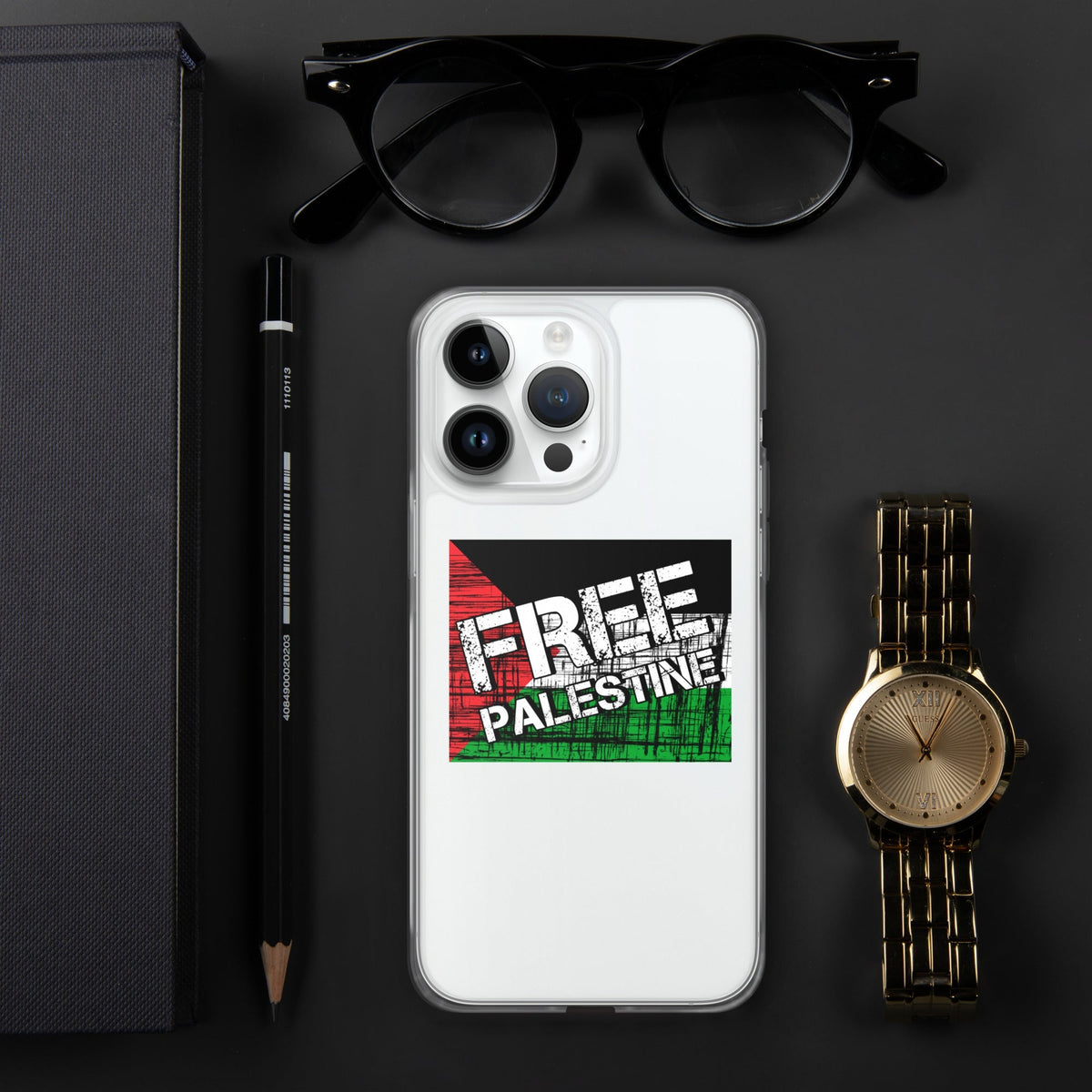 Clear iPhone case with white back and “Free Palestine” graphic