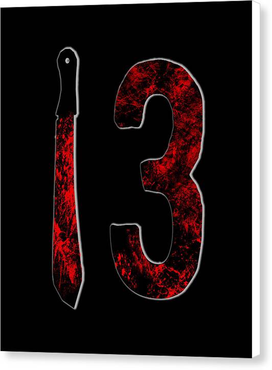 Canvas print with white edges, red number 3 and dagger on dark background