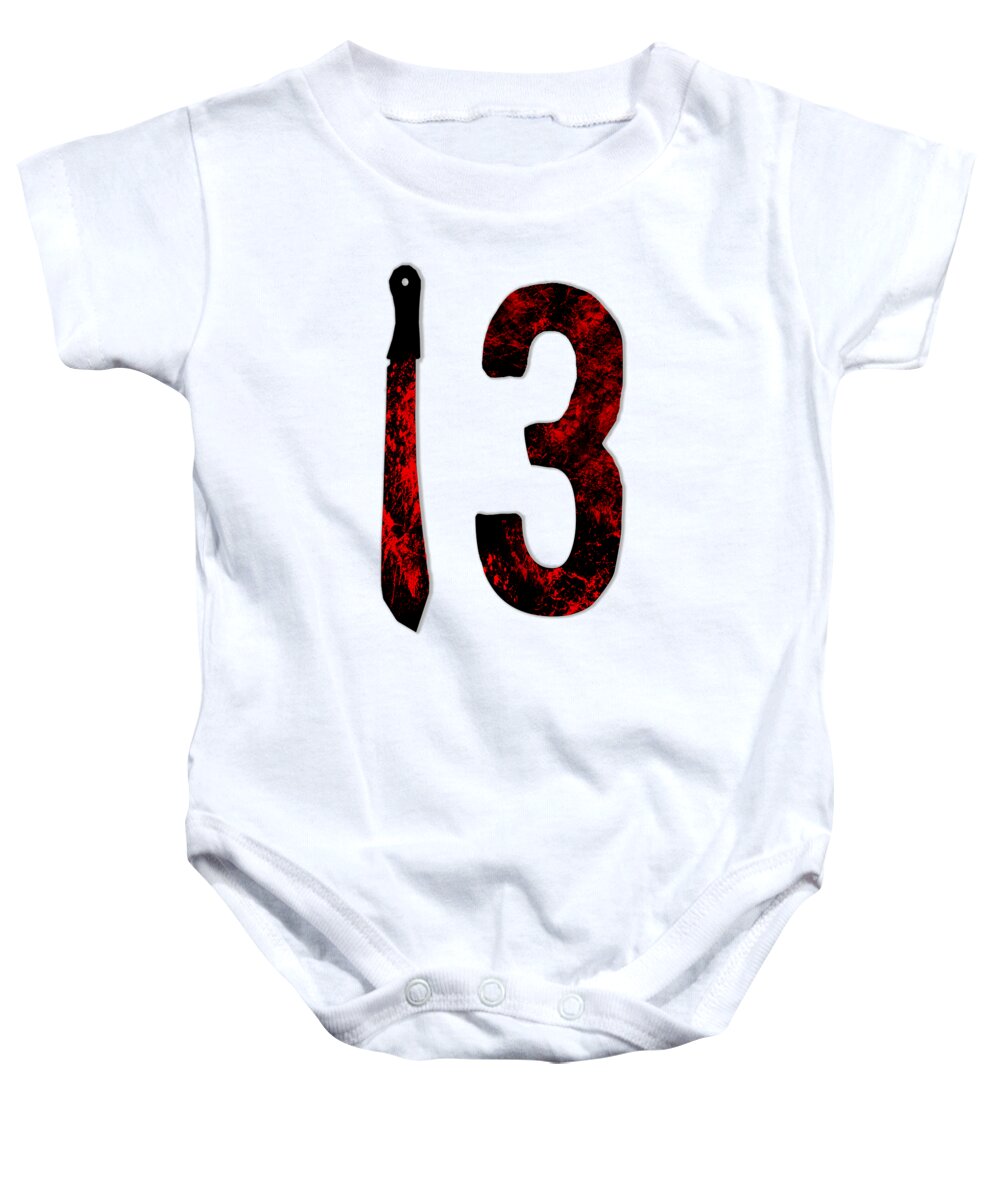 White short-sleeve baby onesie with large '13' graphic and candle-like icon