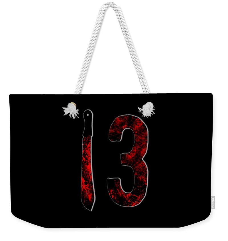 Weekender tote bag with rope handles, black canvas and red distressed “13” print.