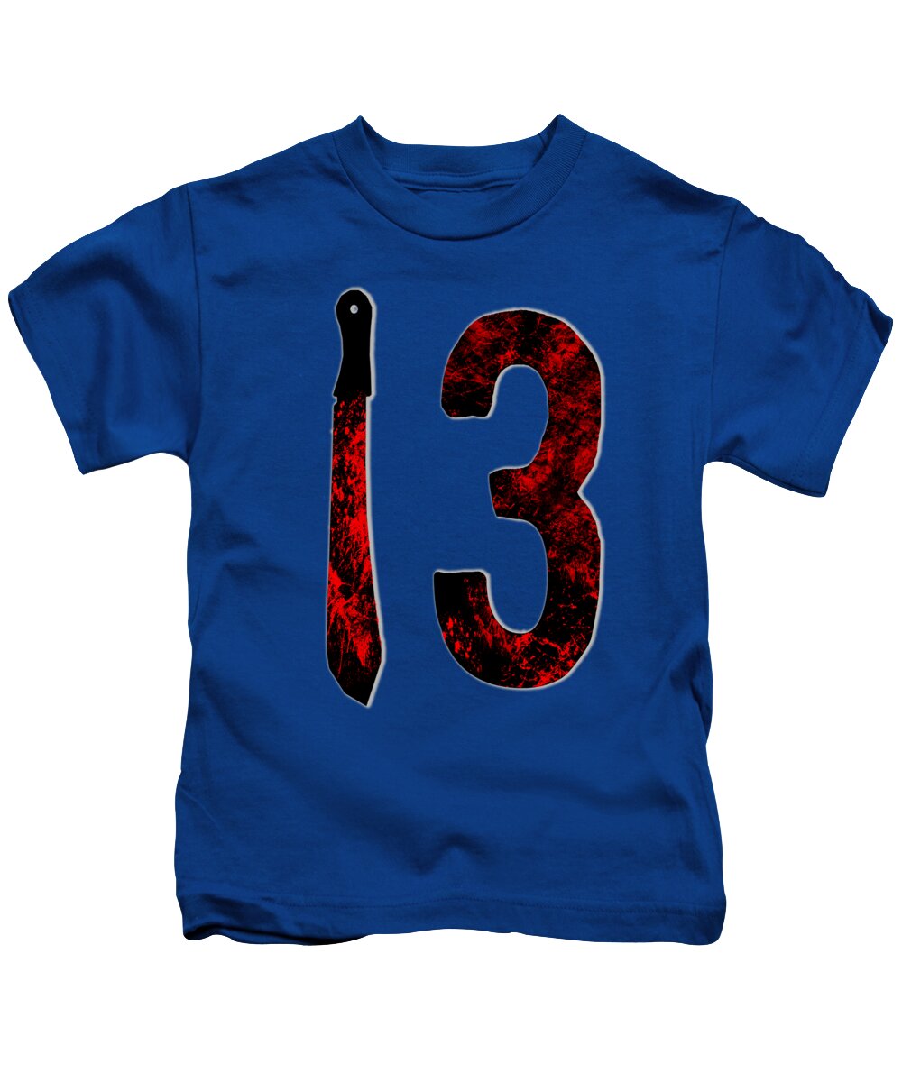Kids T-shirt in blue with large 13 and dagger graphic print at center
