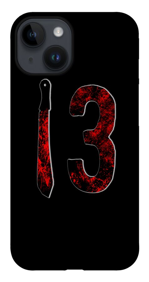 Black phone case showing rear camera cutouts with red number 3 and knife.