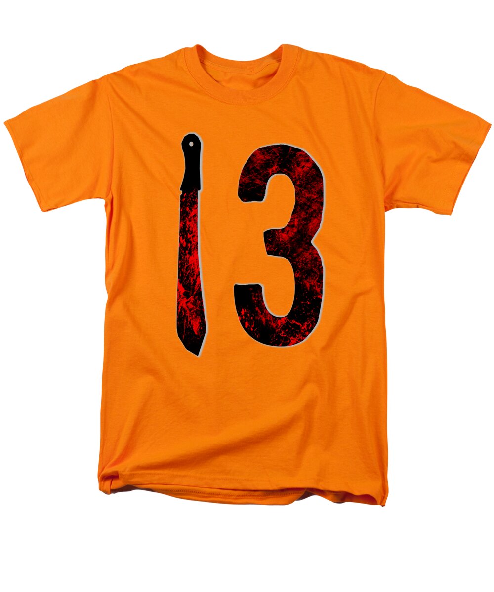 Men's graphic t-shirt, orange, black dagger and red speckled number 3 print