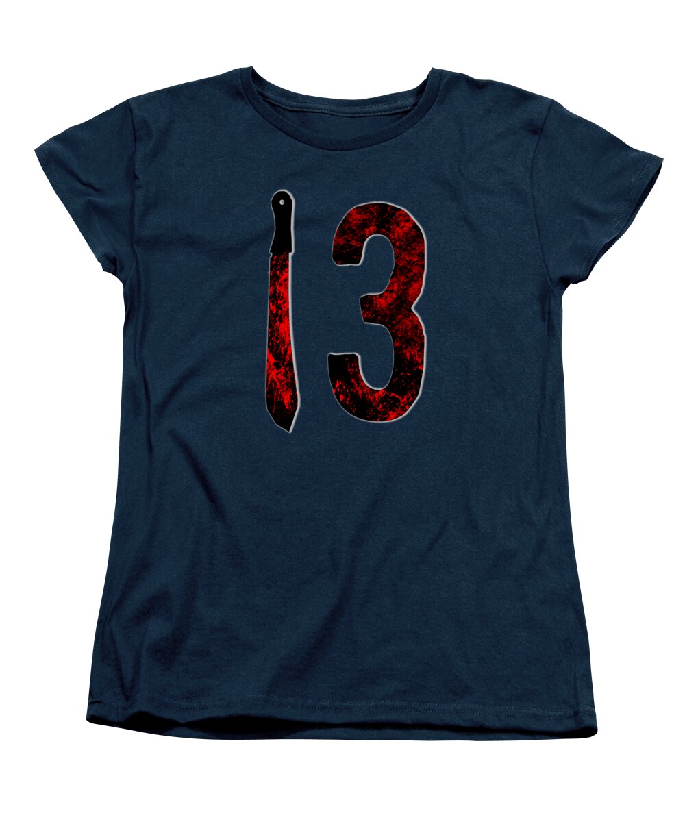 Women’s navy T-shirt with large “13” graphic featuring red splatter and black details