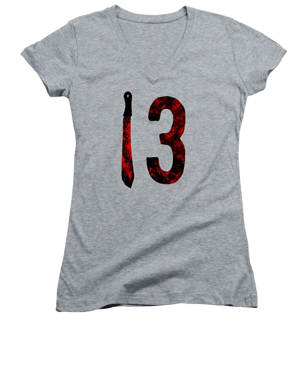 Women's V-neck T-shirt in heather gray with red-and-black '13' graphic