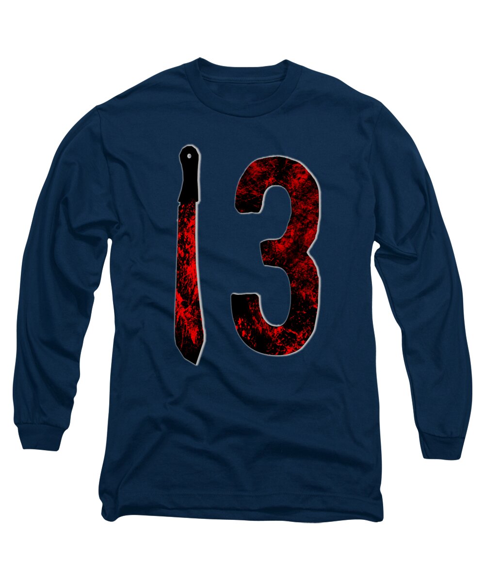 Royal blue long sleeve T-shirt with red-and-black "13" and dagger graphic.
