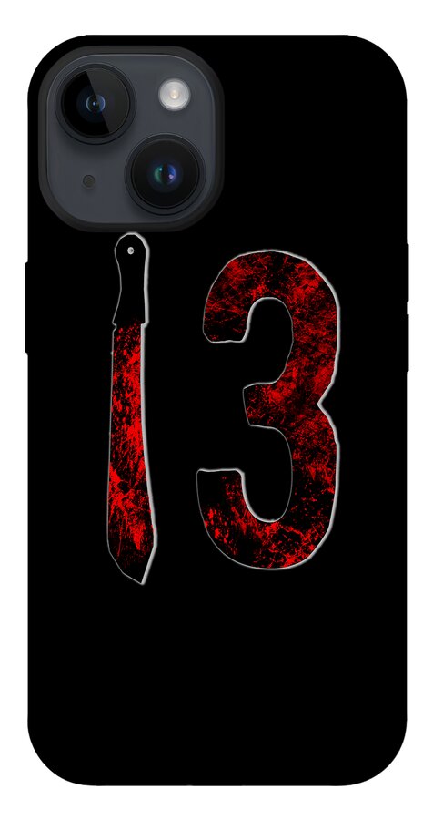 Black phone case with red speckled number 3 and knife graphic.