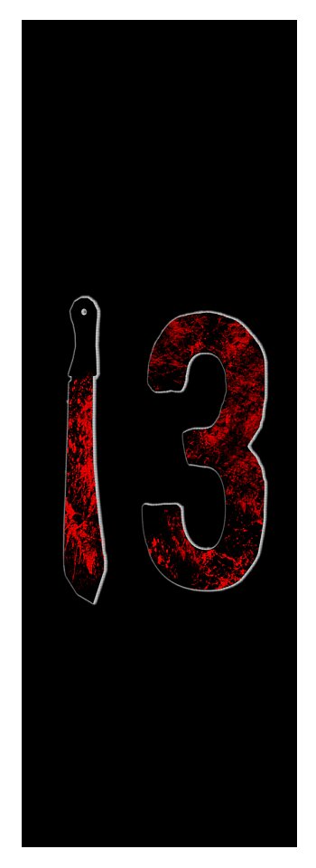 Yoga mat with black surface, red speckled '3', and vertical red blade motif