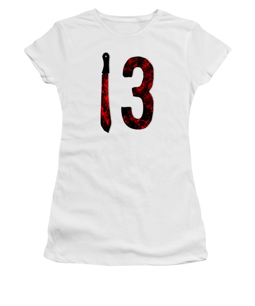 White women's graphic T-shirt with '13' candle-style print