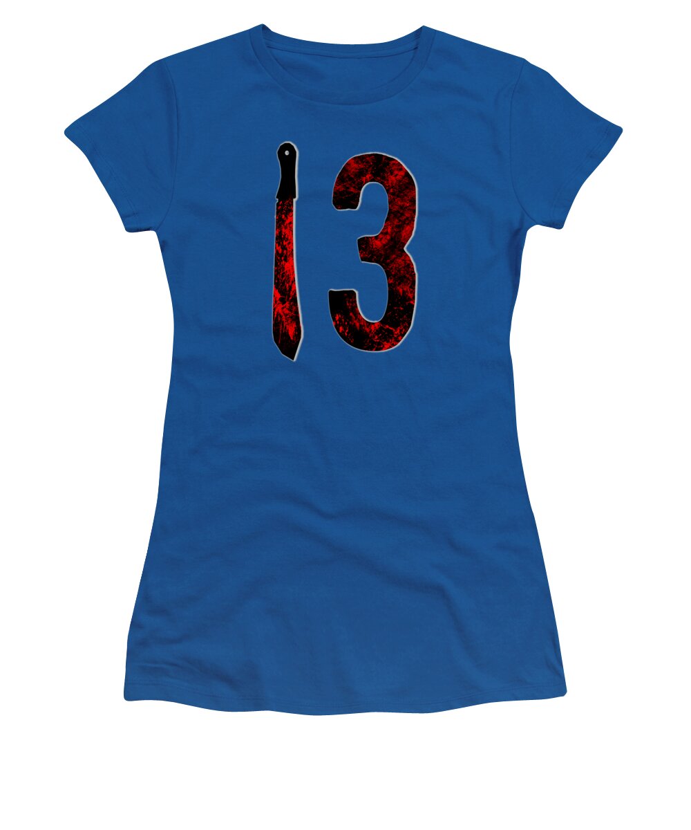 Royal blue women's graphic T-shirt with '13' candle-style print