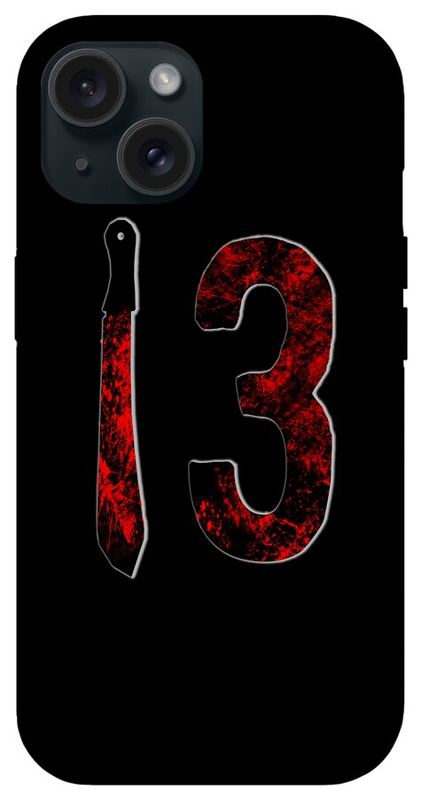 Phone case with red cracked-texture knife and distressed number 3 print.