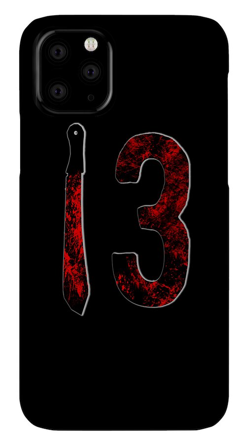 Black phone case with red distressed number 3 and knife artwork; camera module on top left