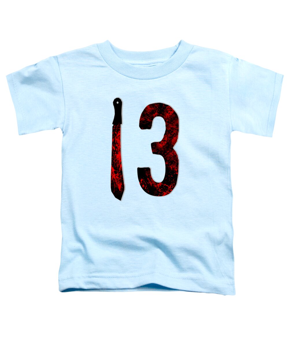 Light blue toddler horror t-shirt with "13" graphic and dagger print on front