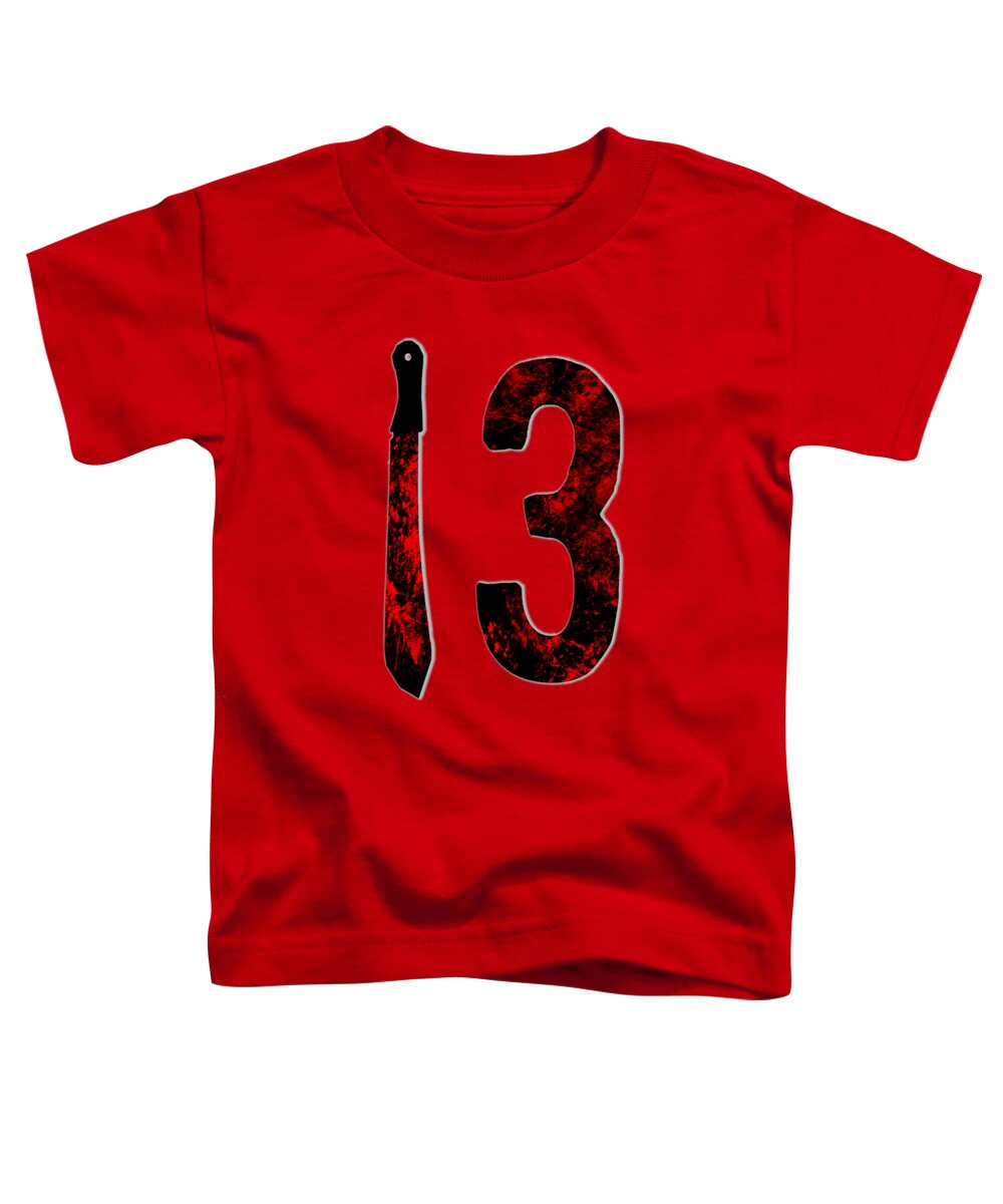 Red toddler horror t-shirt with "13" graphic and dagger print on front