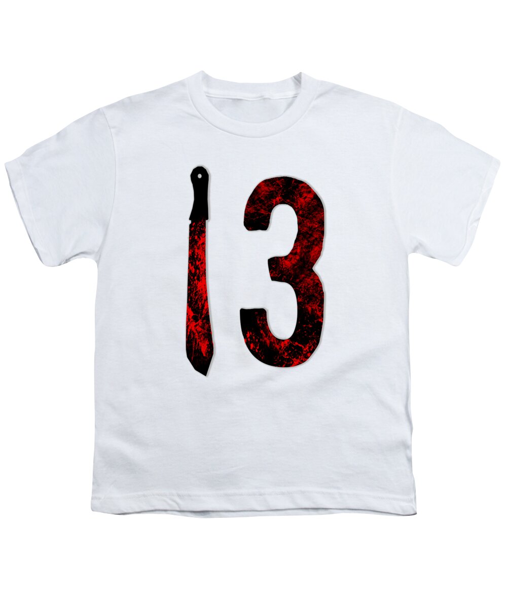 White youth horror T-shirt with large red and black “13” graphic.