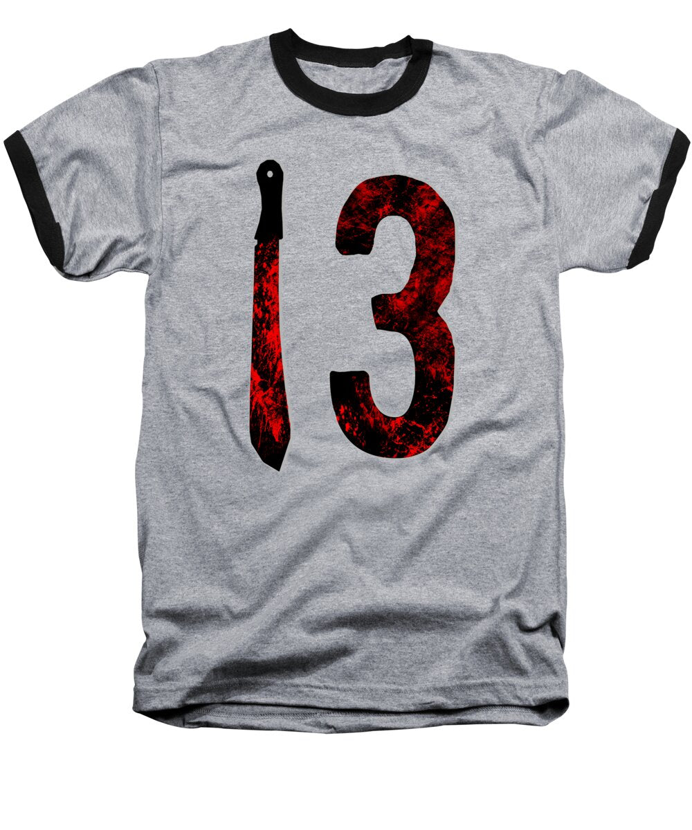 Heather baseball T-shirt with black sleeves and distressed red '13' graphic