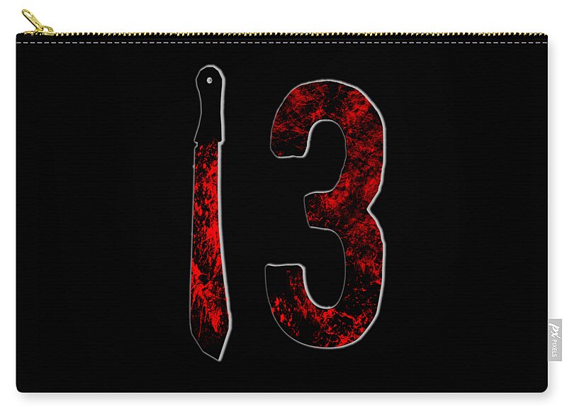 Black zip pouch with red speckled number 3 graphic and gold zipper pull
