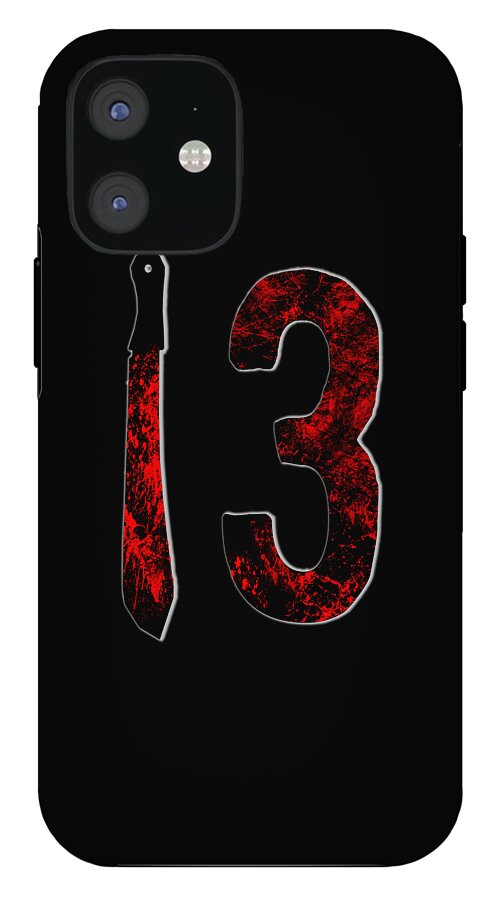 Black phone case with red distressed number 3 and knife graphic; camera lens cutout visible