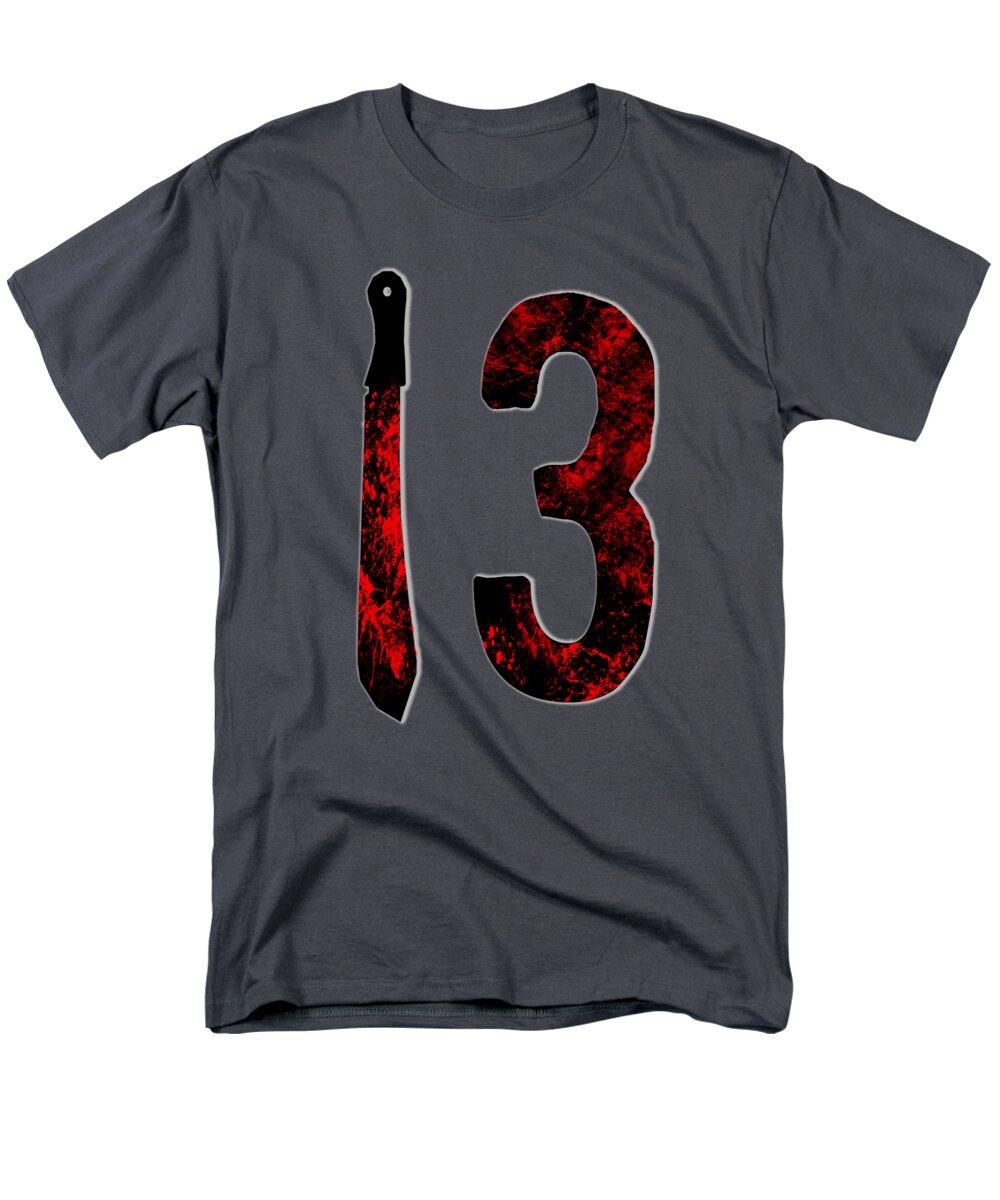 Men's charcoal gray T-shirt with red-and-black "I 3" graphic on the front