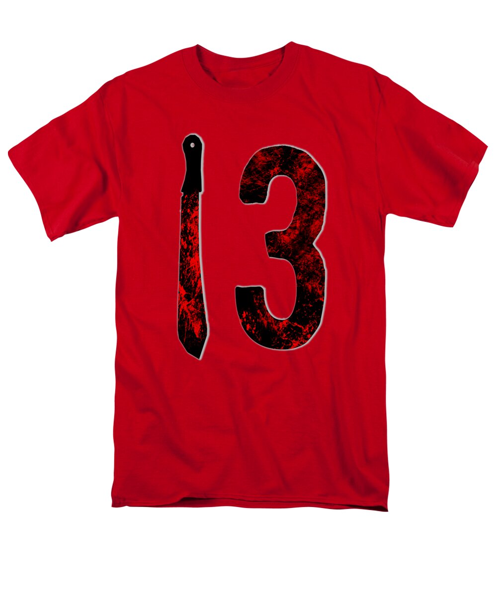 Men's graphic t-shirt, red, black dagger and red speckled number 3 print