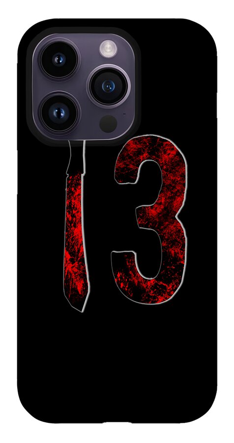 Dark gray phone case with red distressed number 3 and vertical knife.