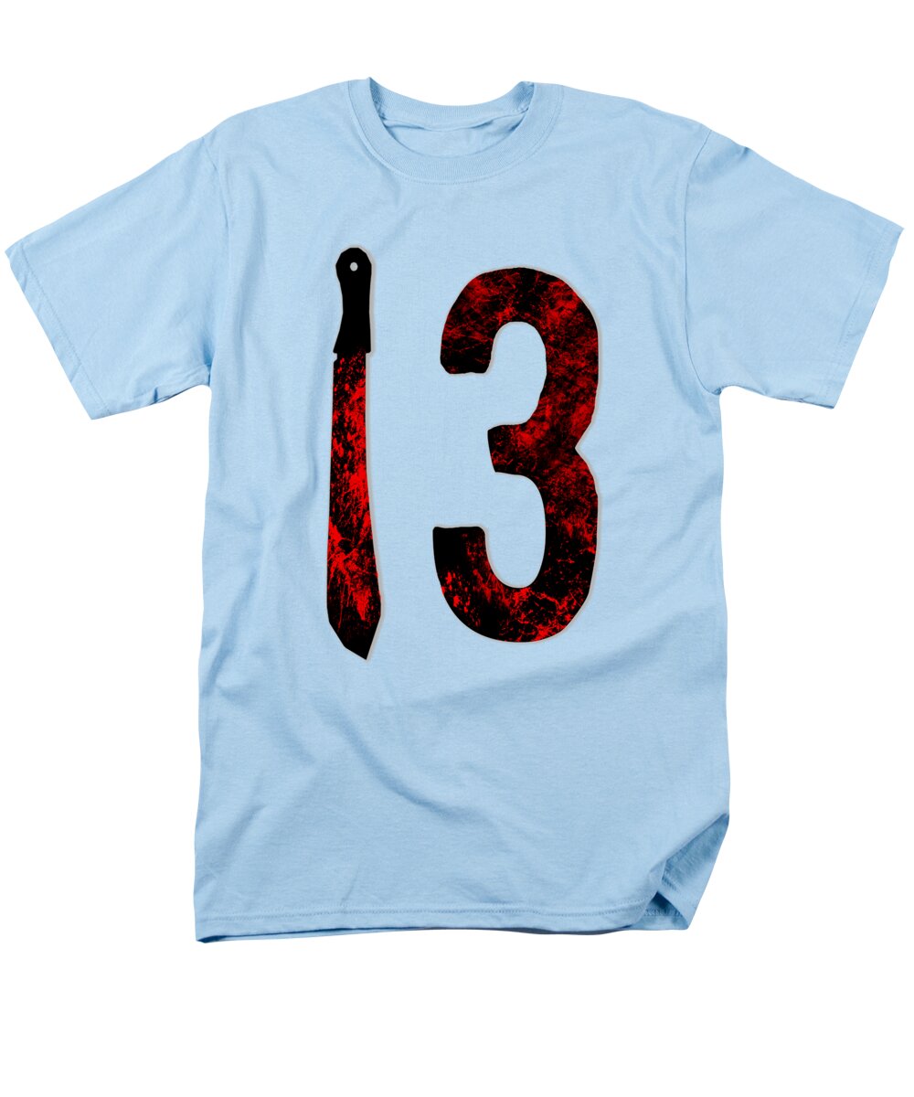 Men's graphic t-shirt, light blue, black dagger and red speckled number 3 print