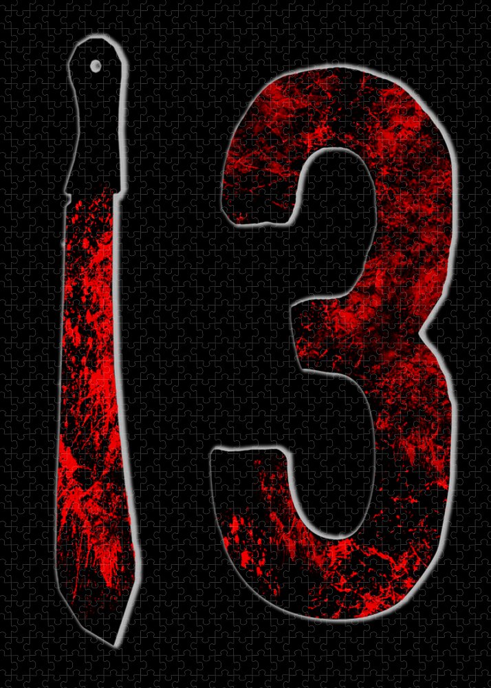 Puzzle number 3 piece with red distressed design and a narrow strip puzzle piece
