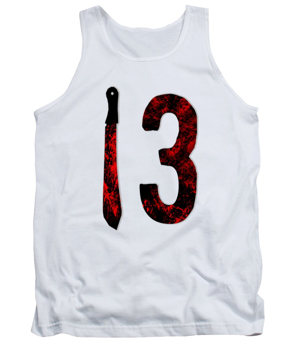 White tank top with sleeveless crew neck and red/black "13" graphic print