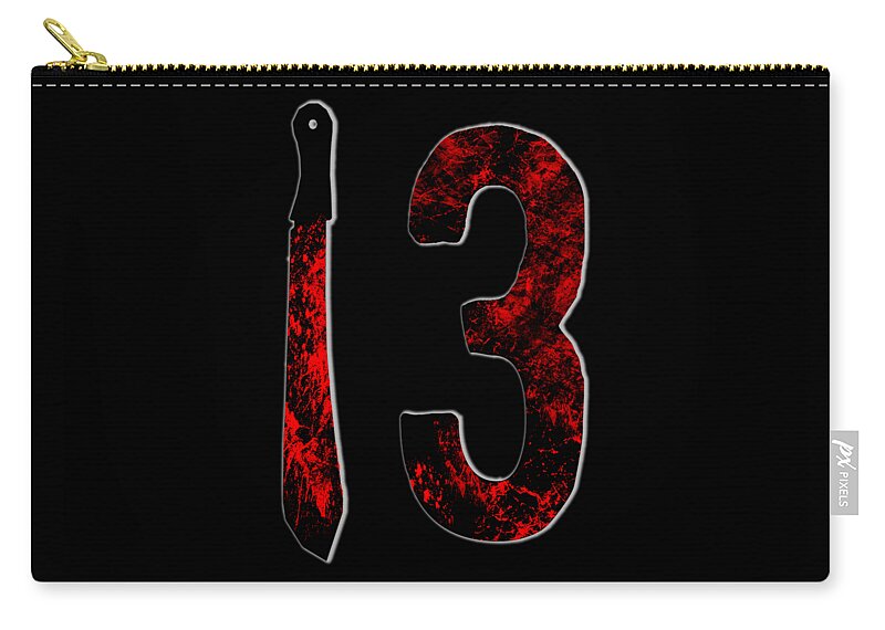 Black zip pouch with red speckled number 3 graphic and hanging wrist strap