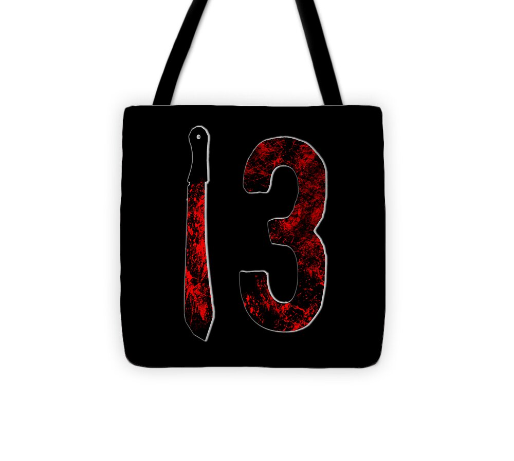 Black tote bag with red distressed '3' graphic and matching dagger print