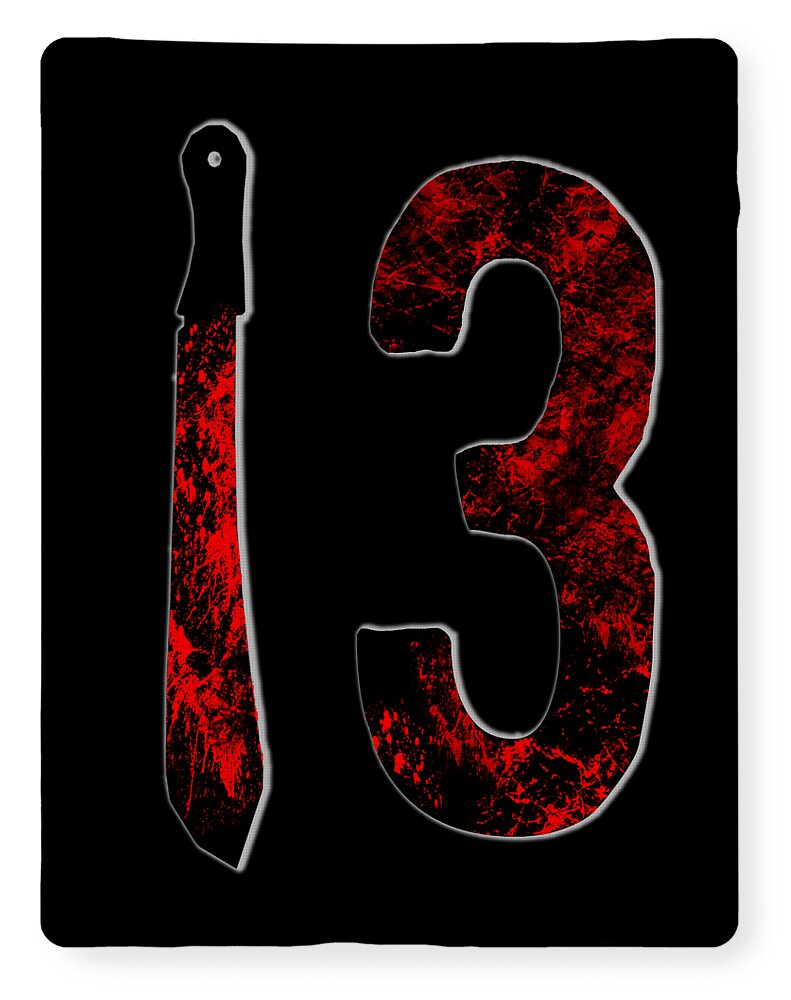 Black fleece blanket with distressed red “3” graphic and dagger-shaped design