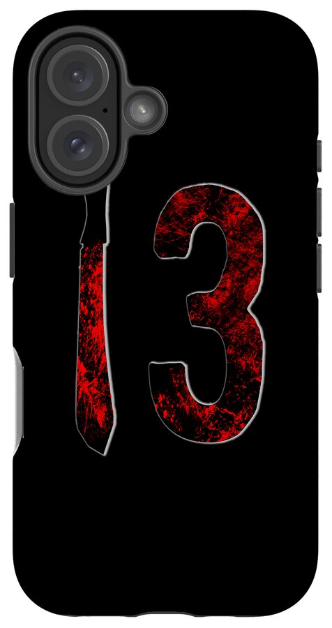 Phone case with red distressed 3 and knife graphic on black, triple rear camera lenses.