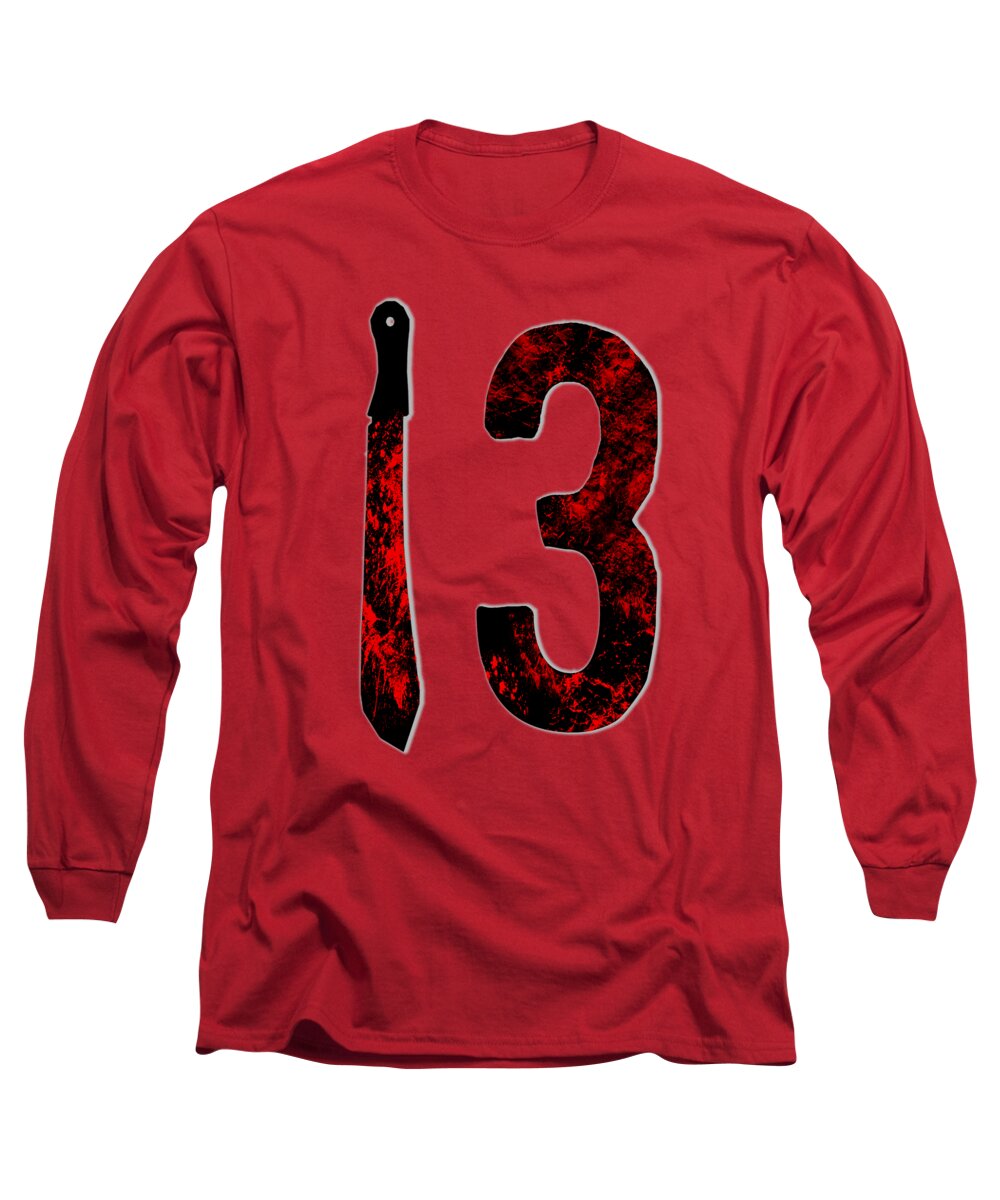 Red long sleeve T-shirt with red-and-black "13" and dagger graphic.