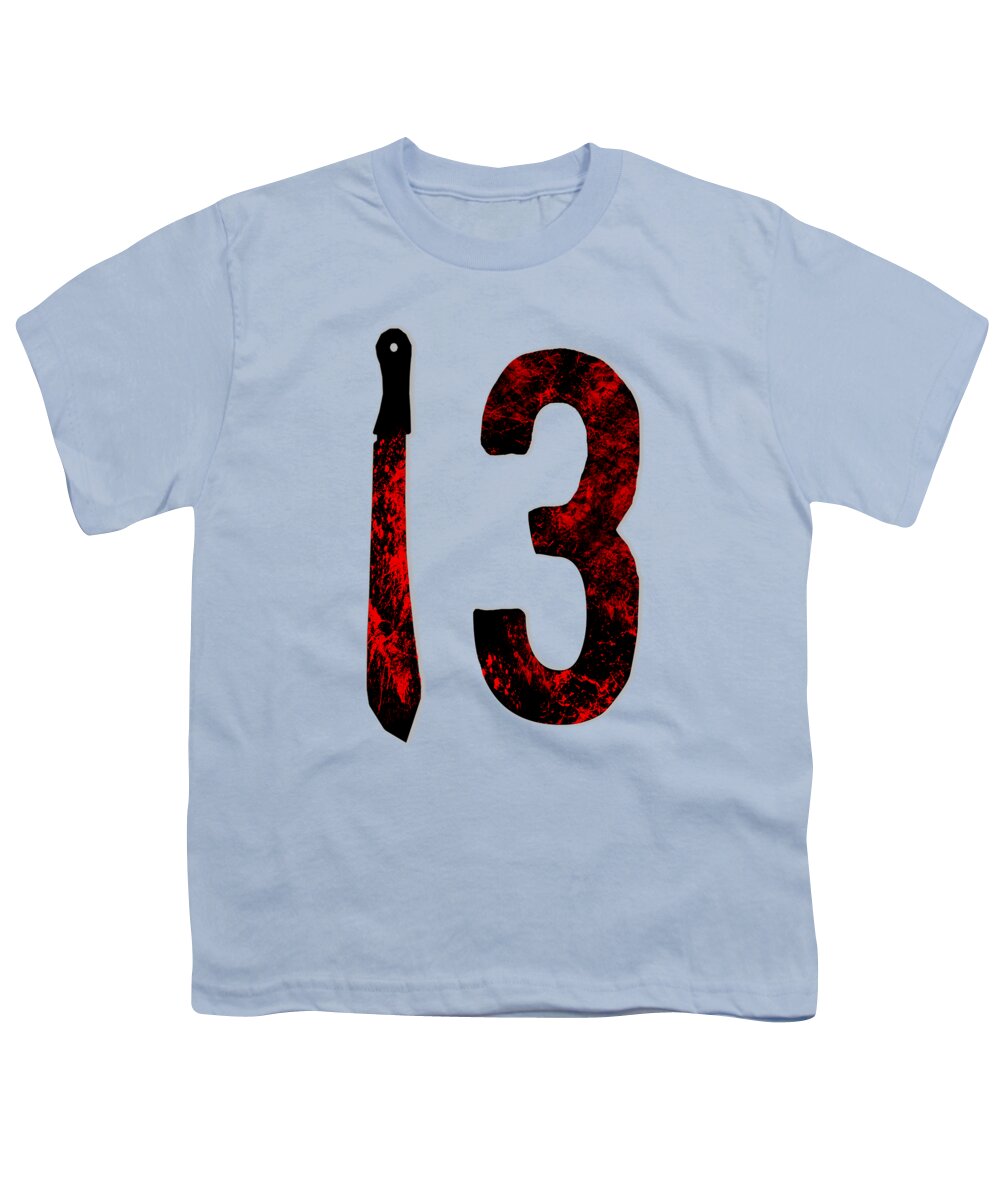 Light blue youth horror T-shirt with large red and black “13” graphic.