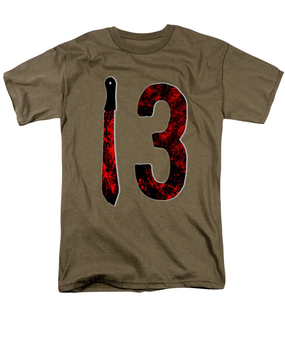 Men's graphic t-shirt, olive brown, black dagger and red speckled number 3 print