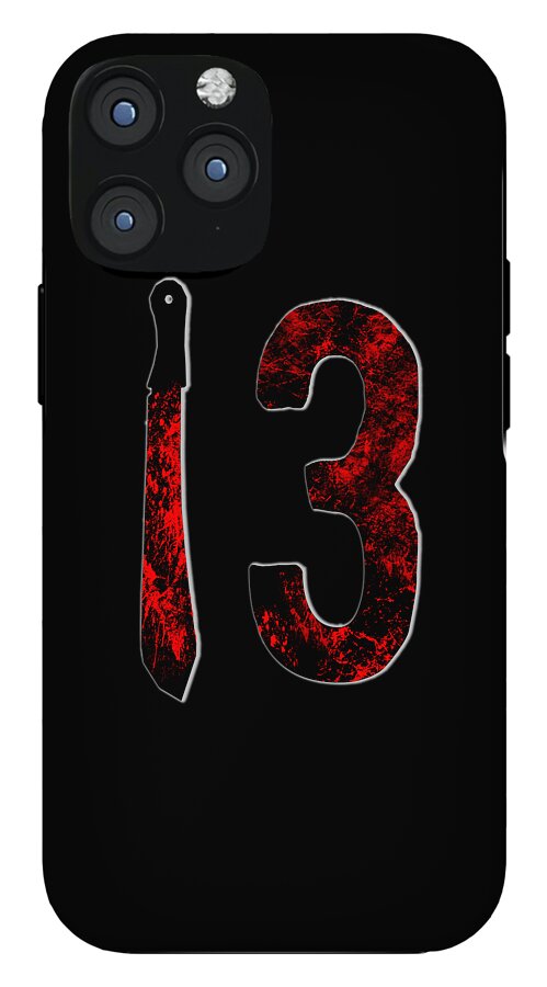 Black phone case featuring red distressed number 3 and knife illustration; camera lens cutout