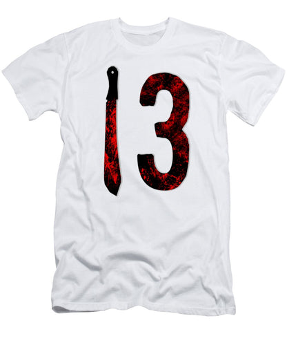 White T-shirt with distressed red number 3 graphic and vertical dagger shape