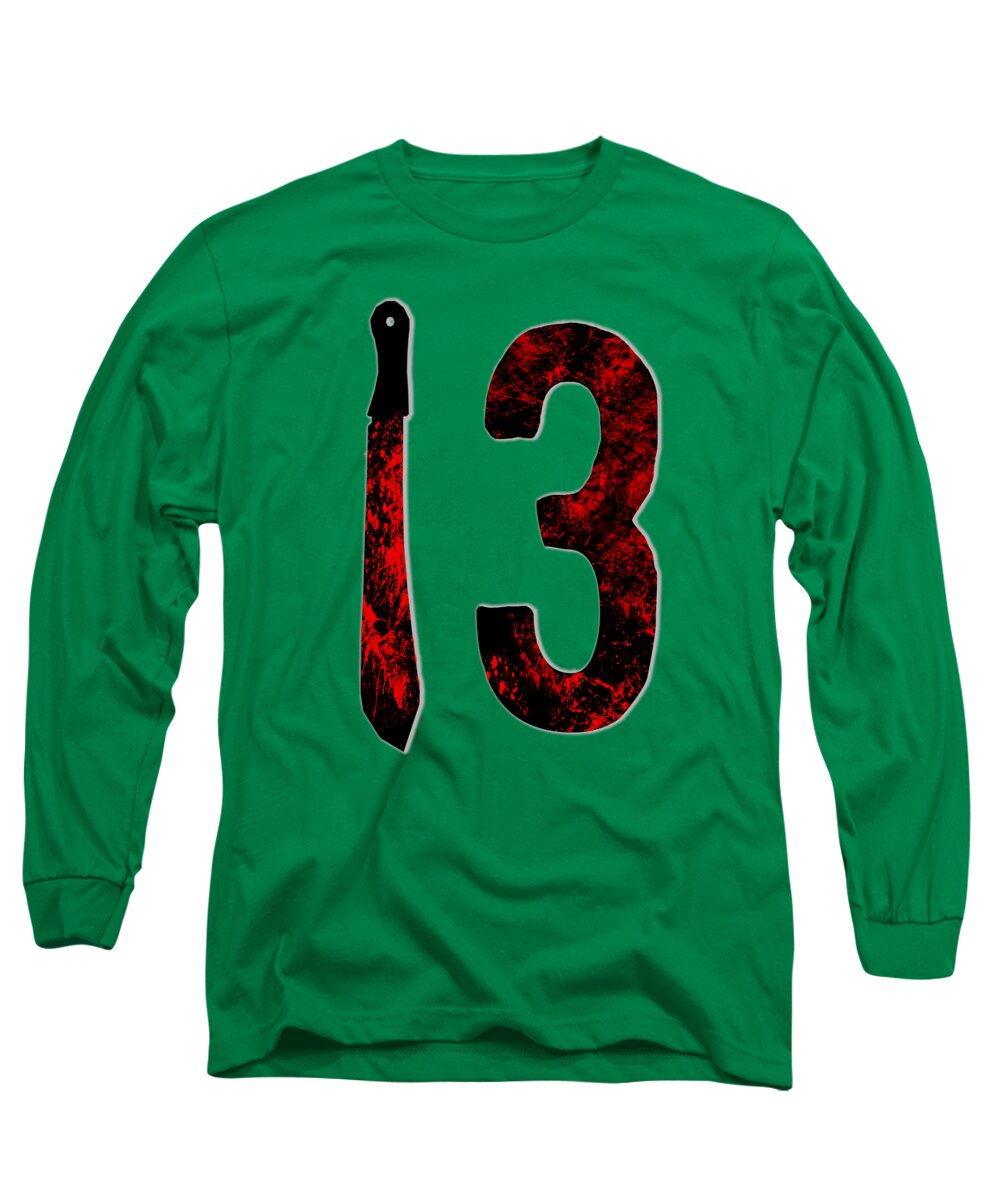 Kelly green long sleeve T-shirt with red-and-black "13" and dagger graphic.